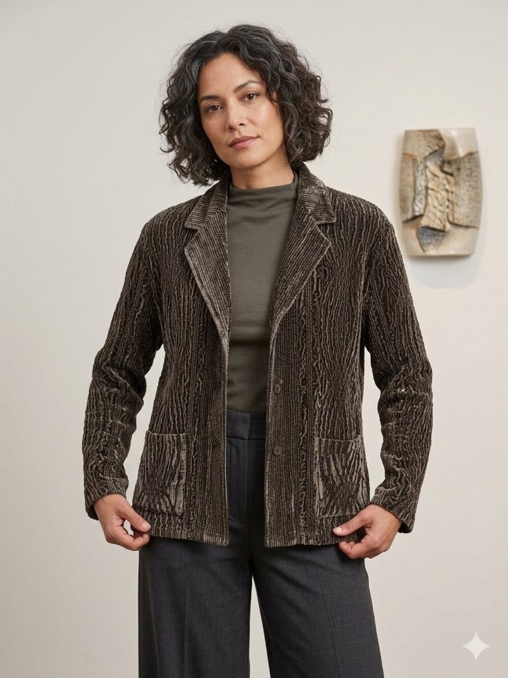 Chicos Brown Crushed Velvet Blazer Size 2 L Textured Artsy Dark Romantic Jacket